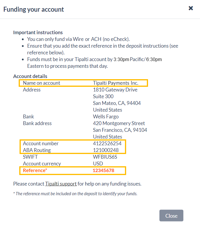 Add funds using wire transfer