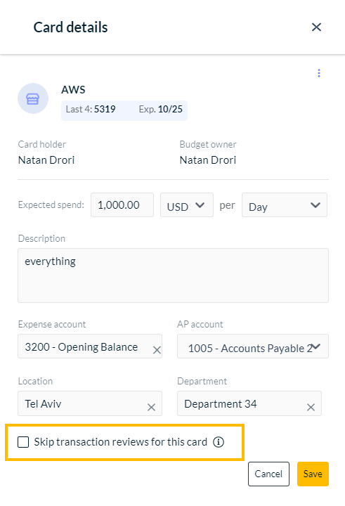 Skip transaction reviews for this card checkbox