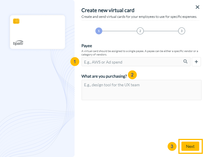Create new virtual card dialog