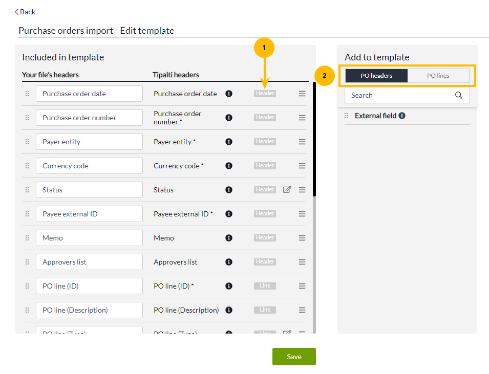 Purchase orders import template