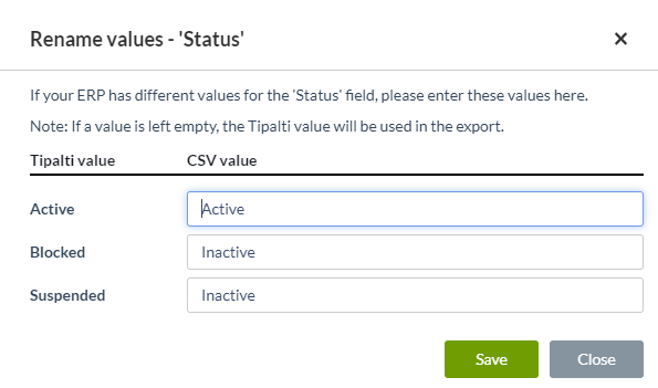 Rename values - Status dialog