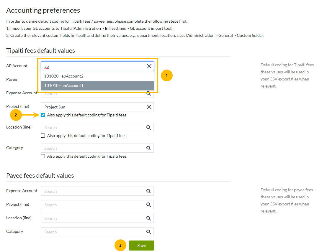 Accounting preferences screen