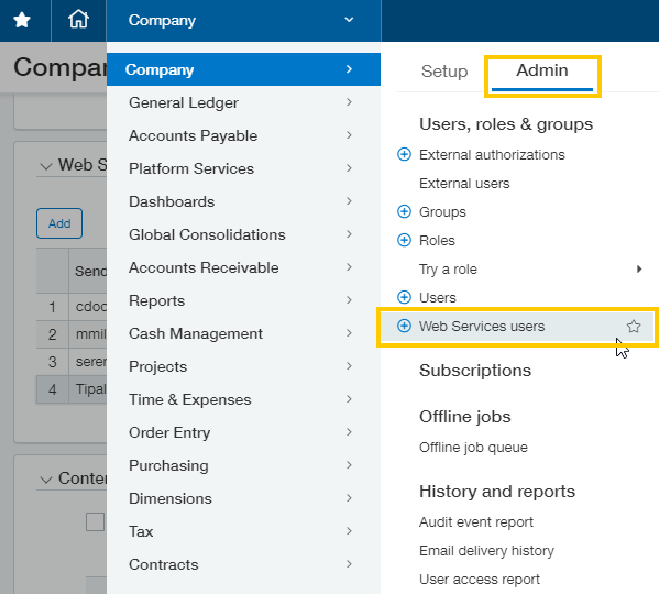 Intacct - Web Services users