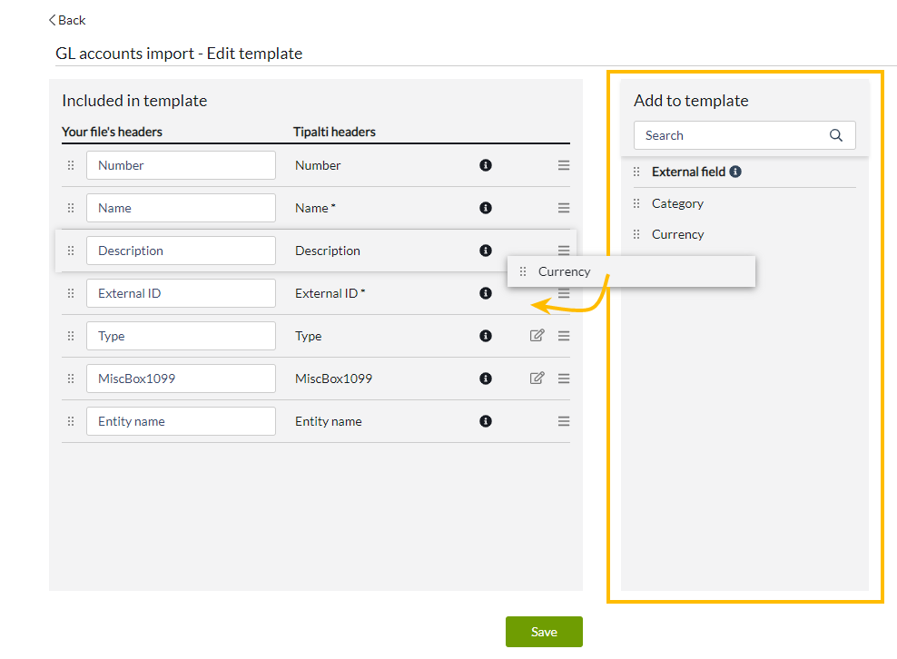 Drag and drop a field for import