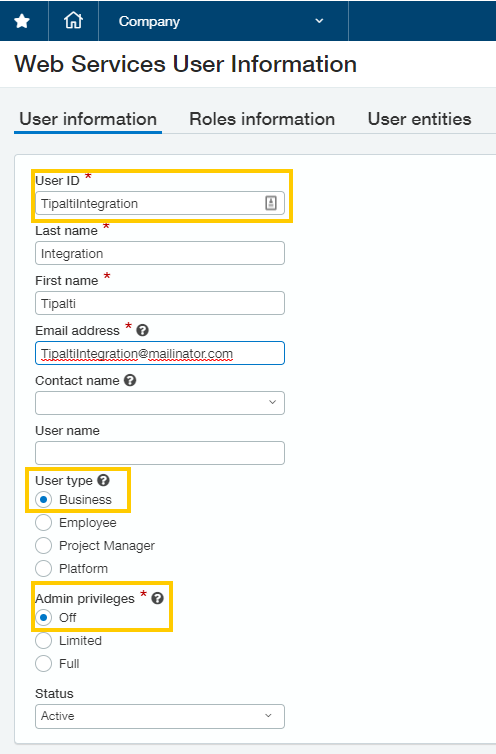 Intacct - Web Services User Information