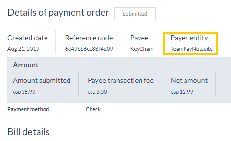 Details of payment order screen