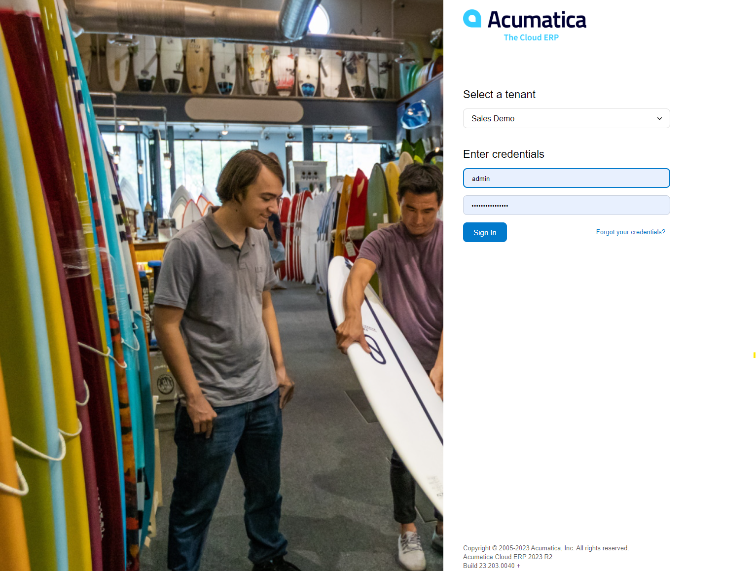 Acumatica Log in page
