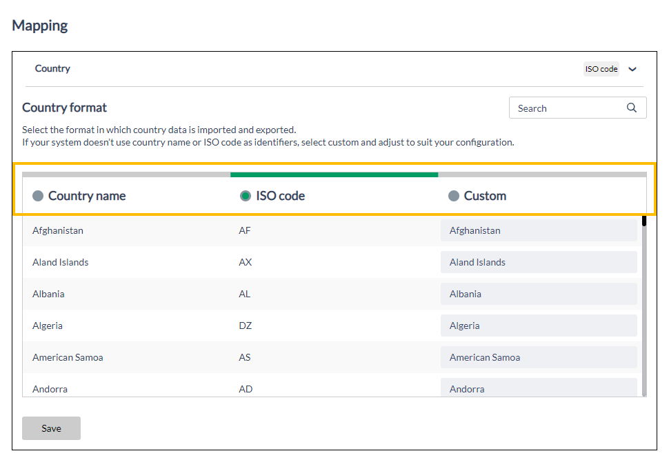 Country format settings page