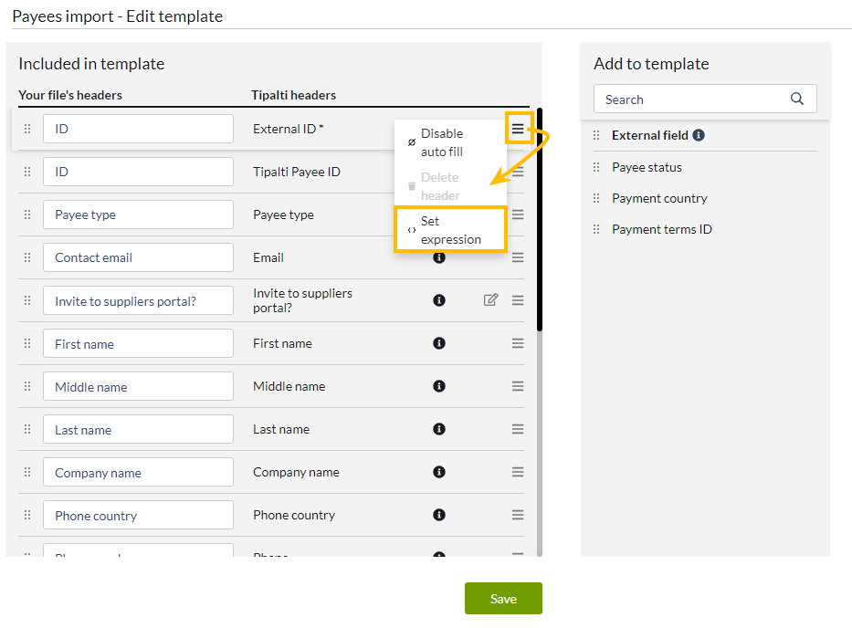 Set expression menu