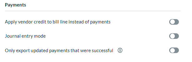 Payments section under Export settings