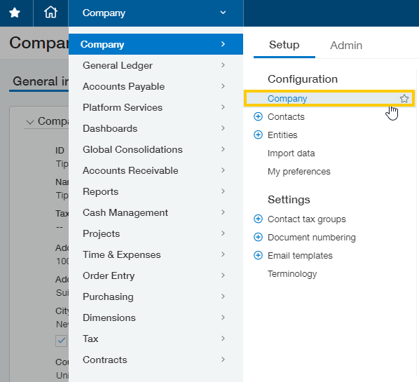 Intacct - Applications drop-down