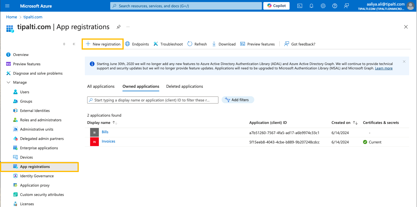 App regisrations page
