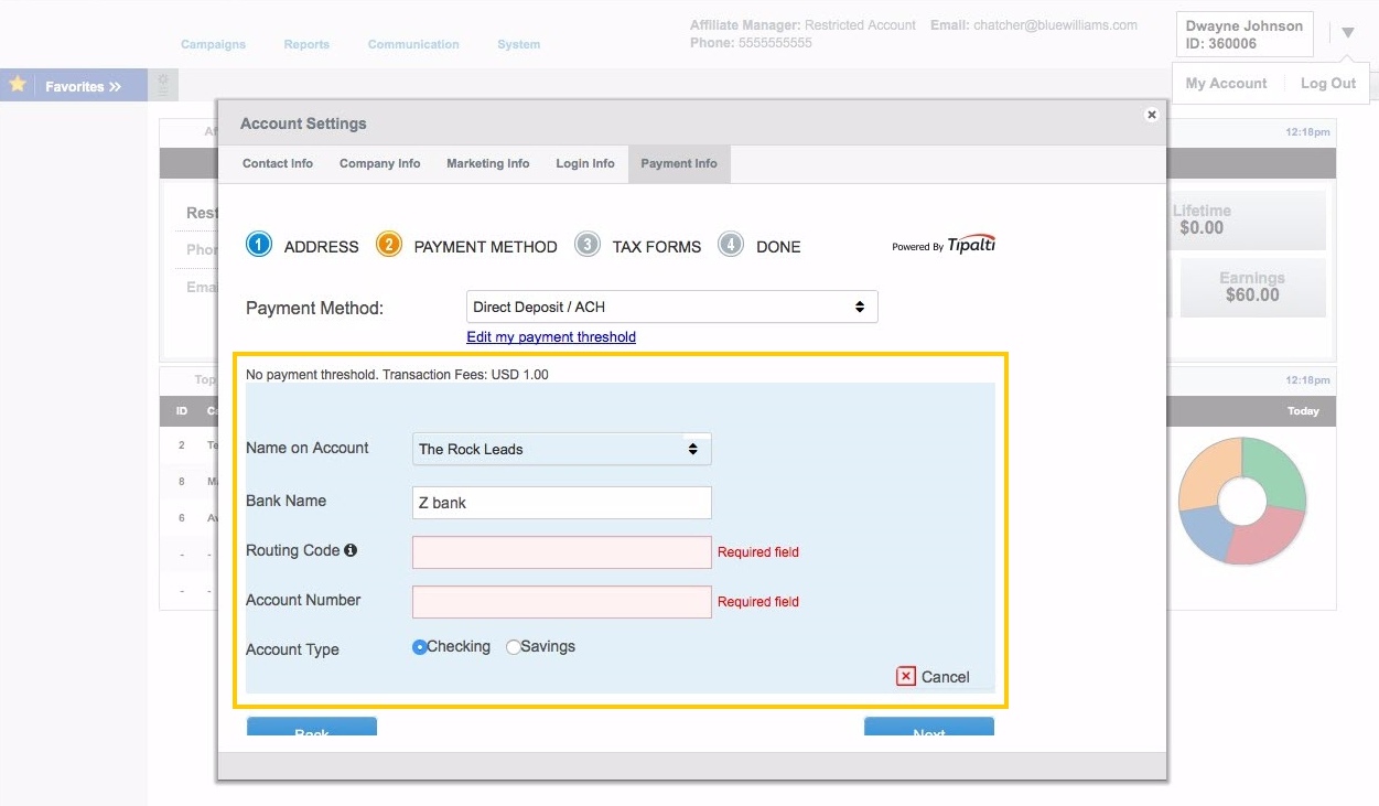 Banking information fields on Payment Method page