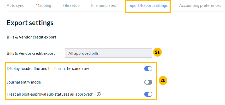 Bills and vendor credit export section