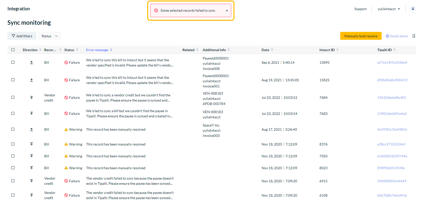 Retry failed on Sync failures screen