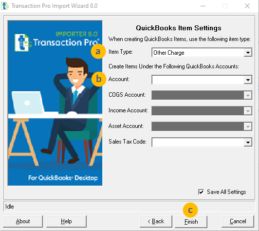 QuickBooks Item Settings page in Transaction Pro Wizard