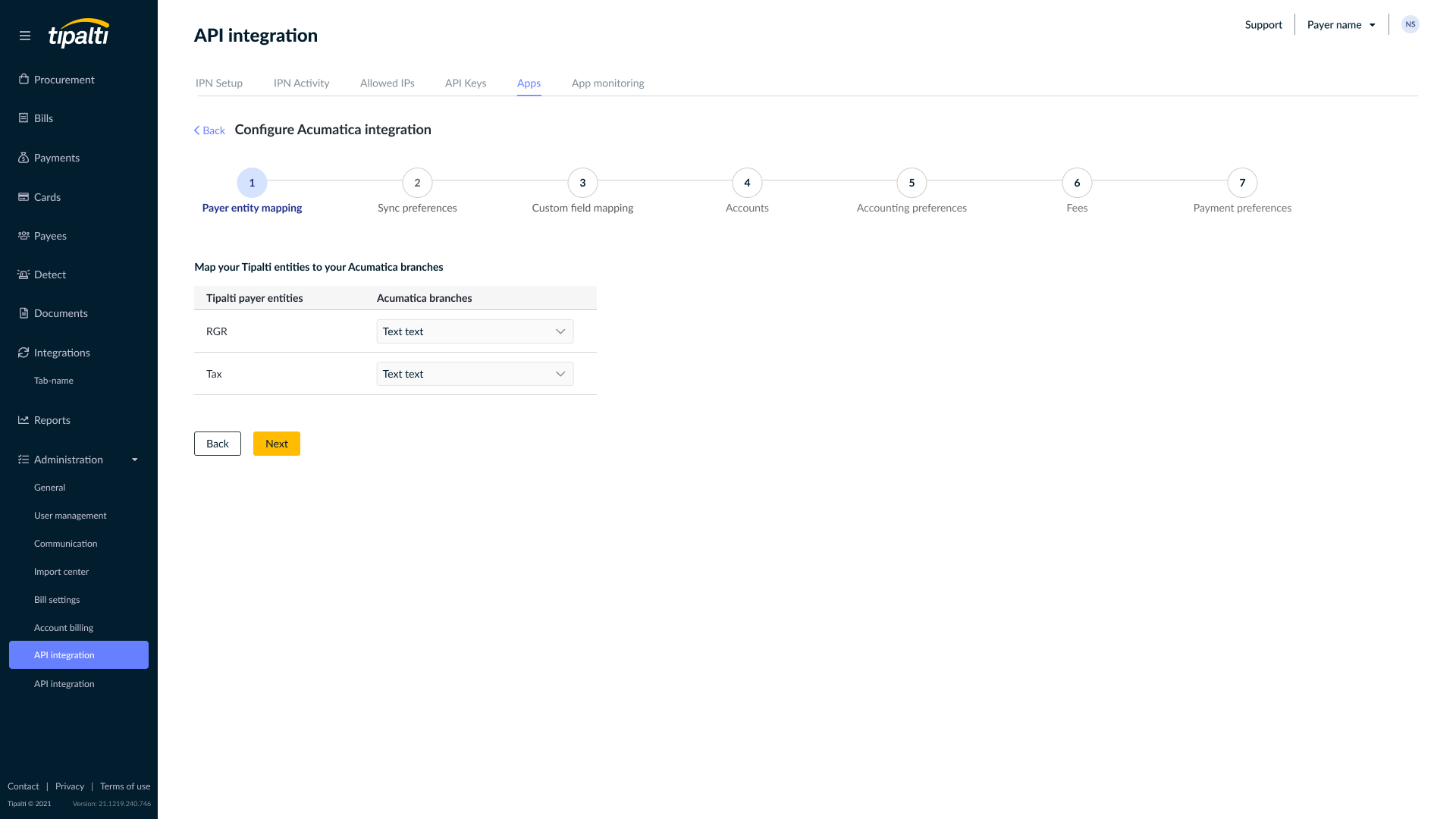 Payer entity mapping page