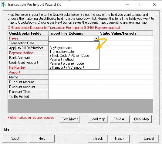 Transaction Pro field mapping list