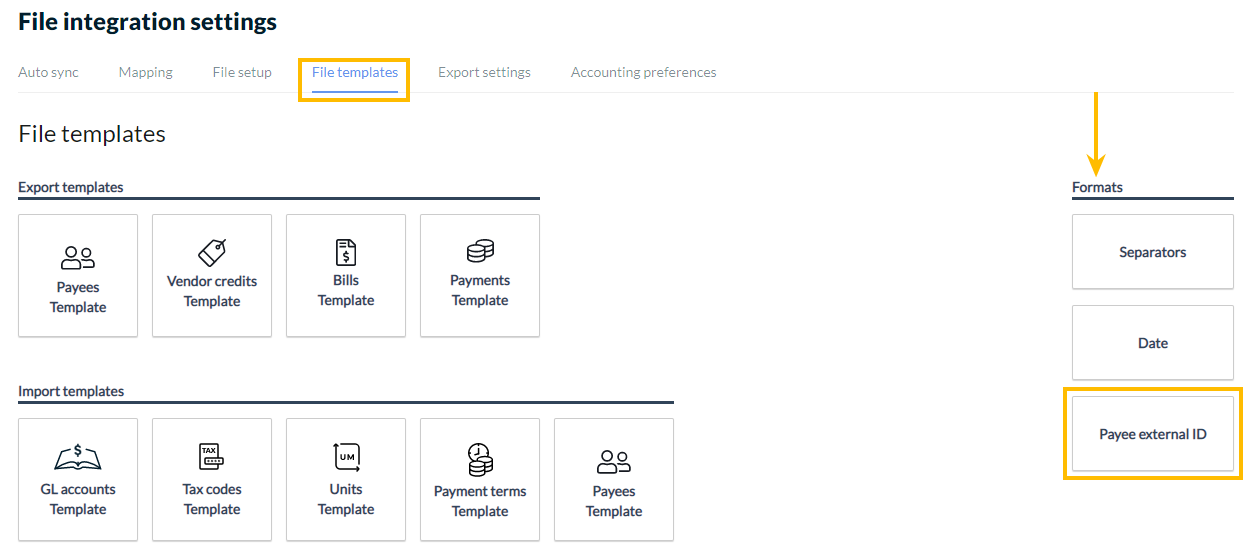 Payee external ID button under Formats section