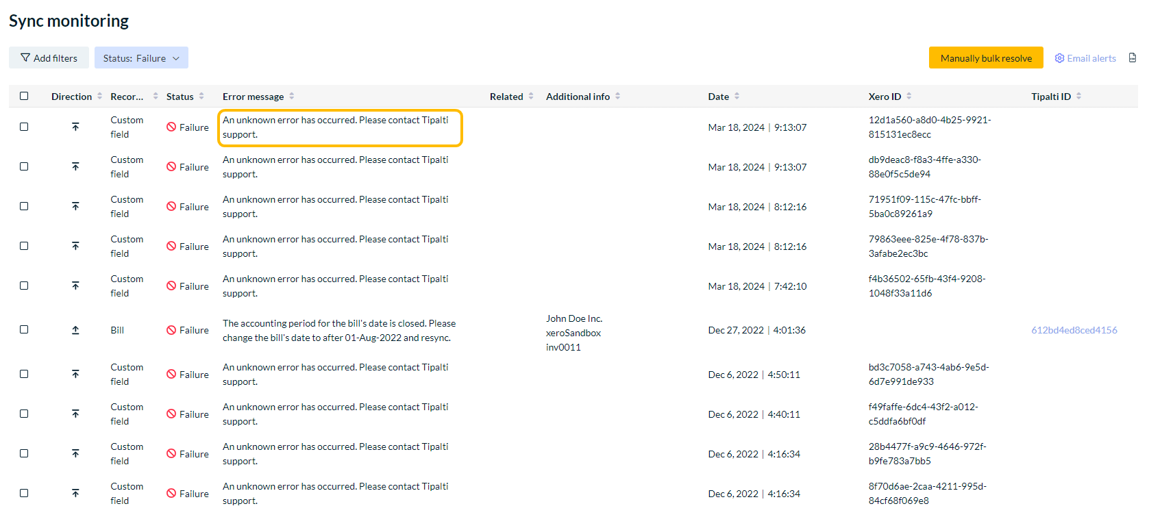 Sync monitoring screen