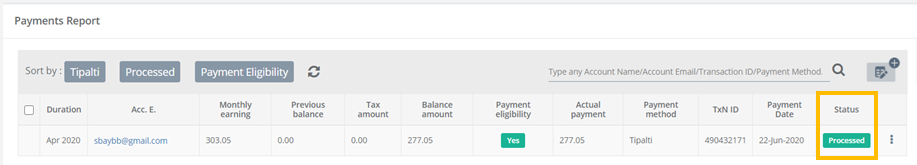 Paid payment report in Vidooly
