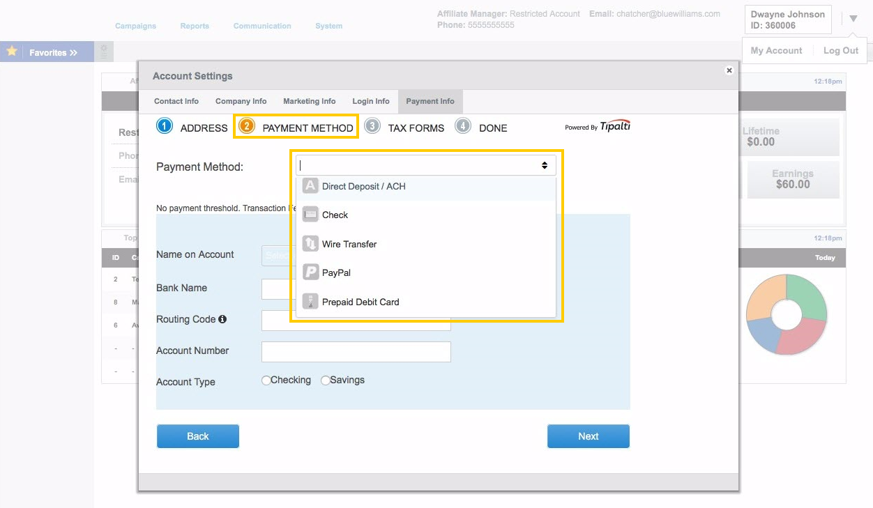Payment Method page of Payment Info tab