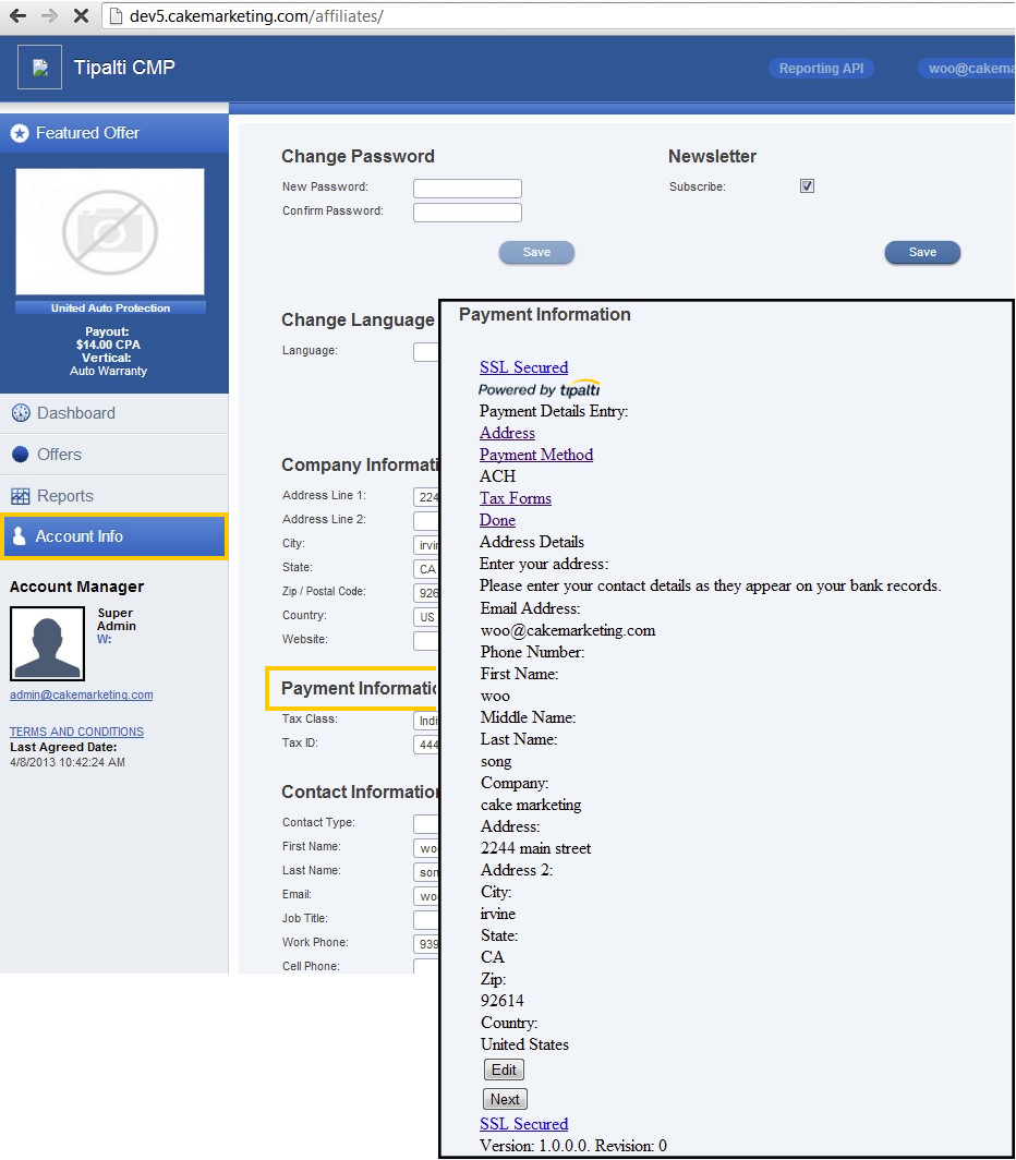 Account Info page in the Affiliate portal