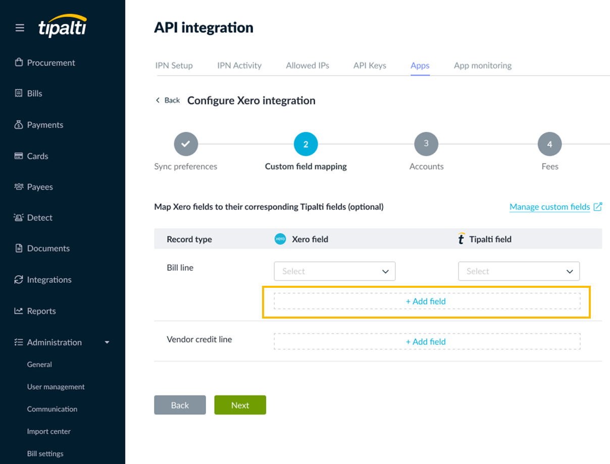 Custom field mapping page