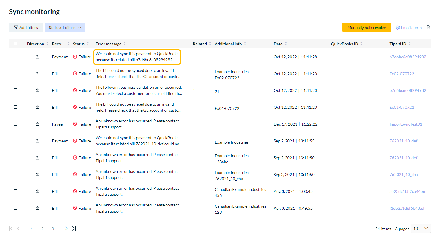 Sync monitoring screen
