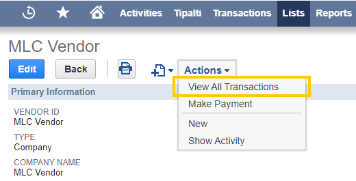View all transactions for the vendor