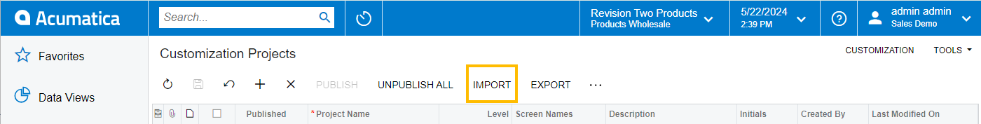 Customization Projects page