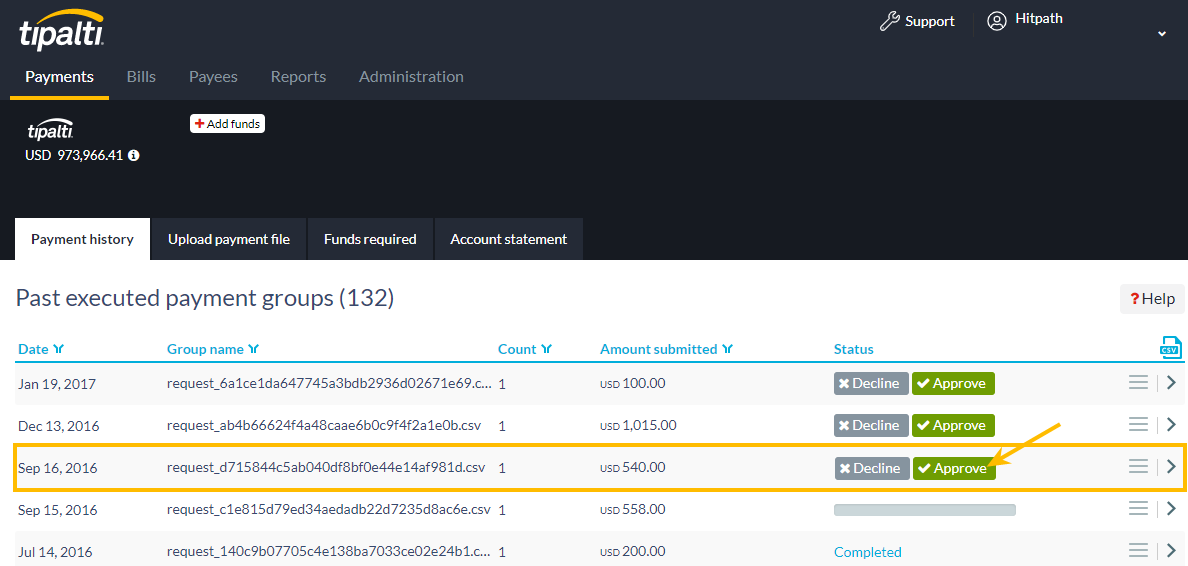 Tipalti Payments History subtab