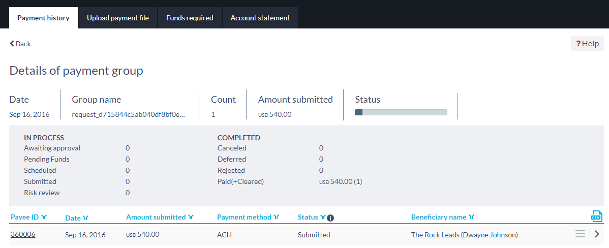Details of Payment Group screen