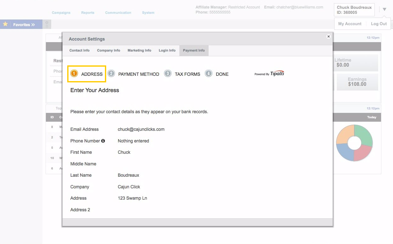 Address page of Payment Info tab