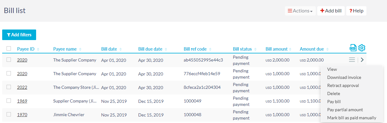 Pending payment actions
