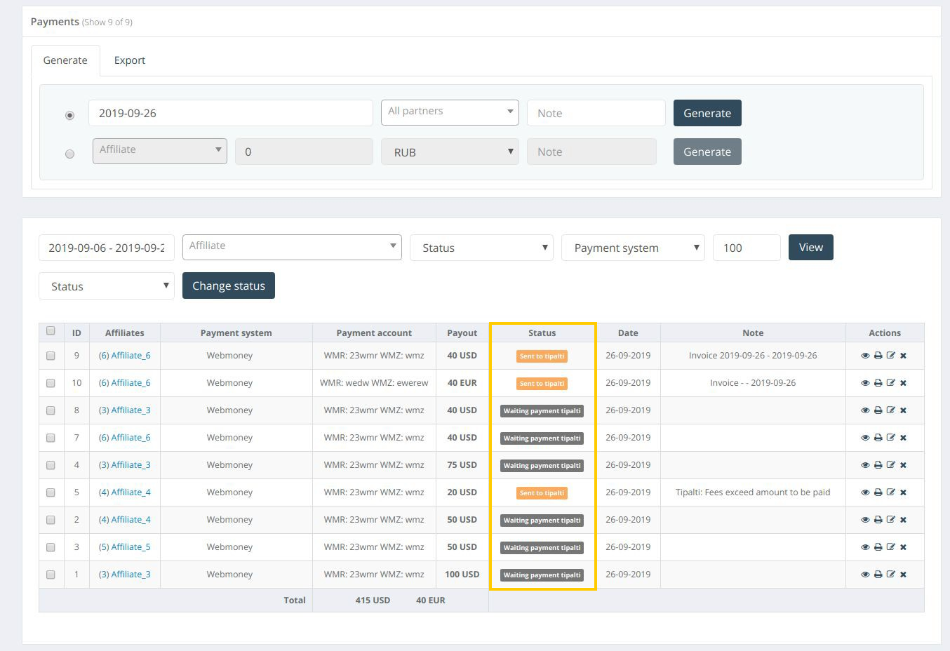 Payment statuses in Affise