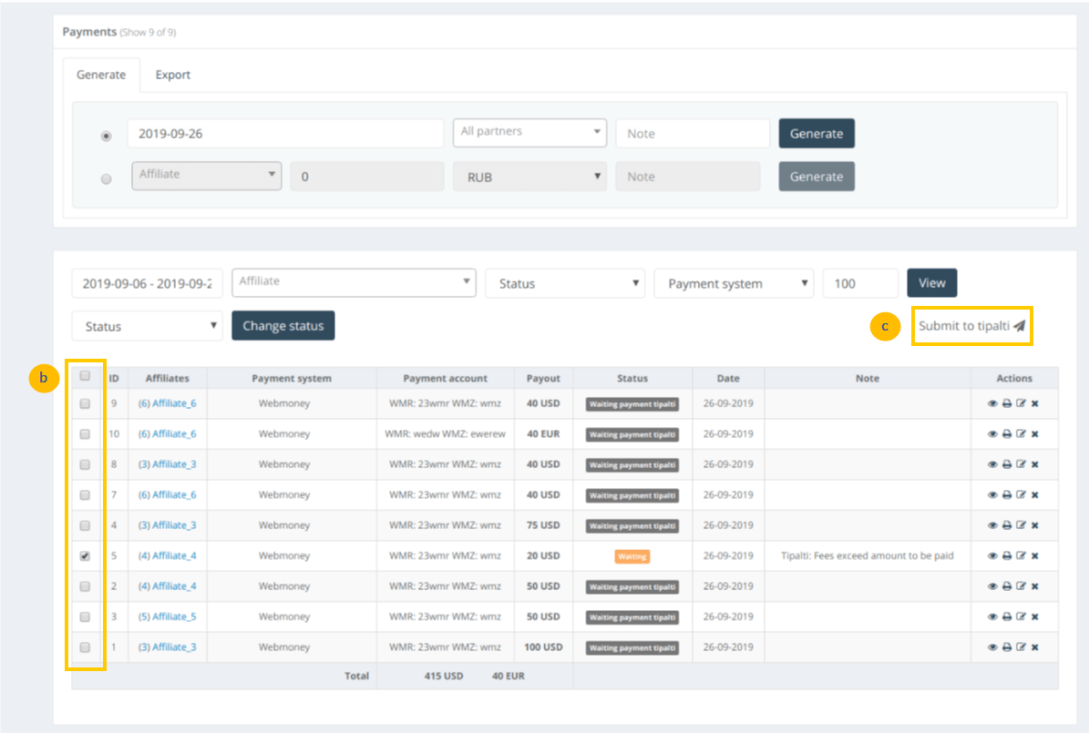 Submit payments in Affise