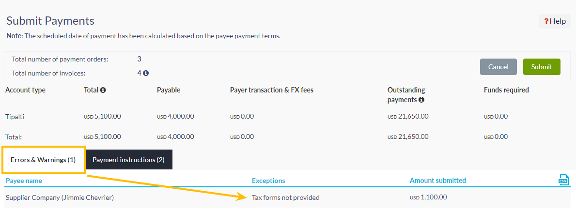 Submit payments screen