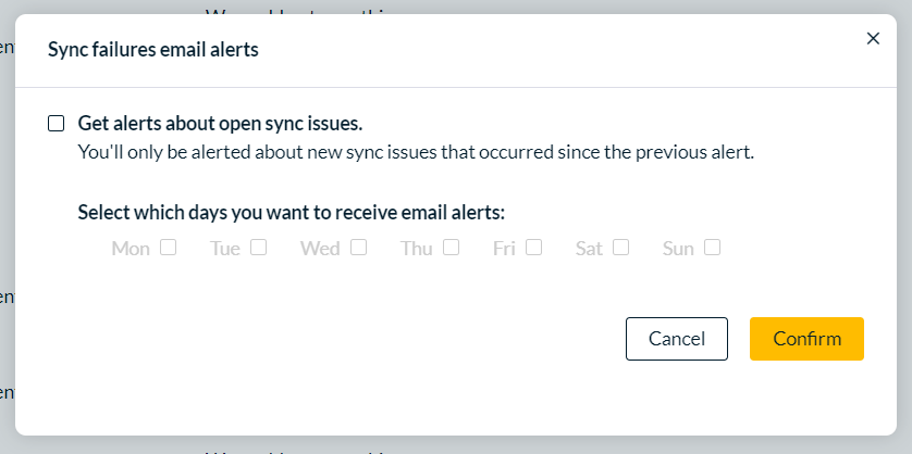 Sync failure email preferences dialog