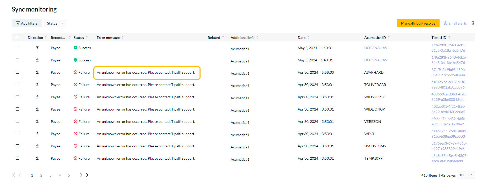 Sync monitoring screen