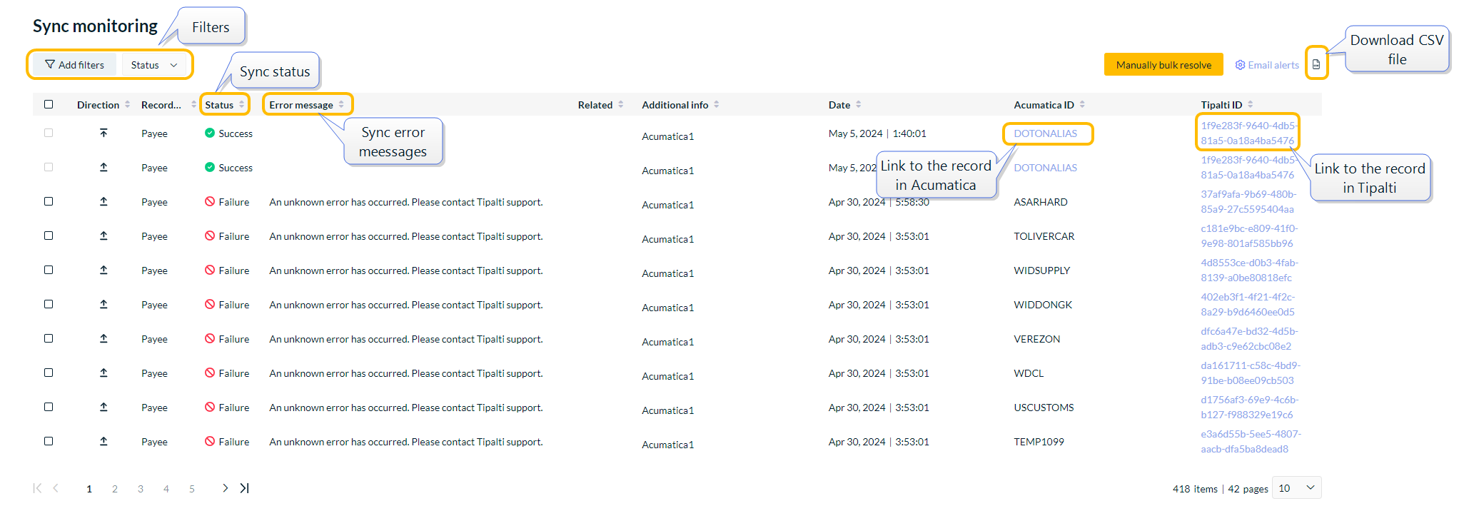 Sync monitoring screen