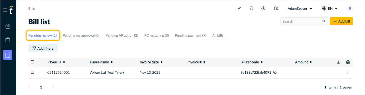 Pending review is the first tab in the Bill list.