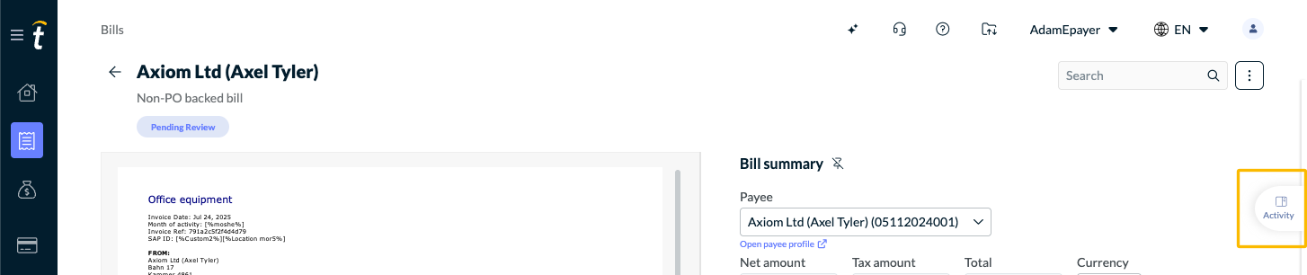 The activity tab is on the right of the Bill summary information.