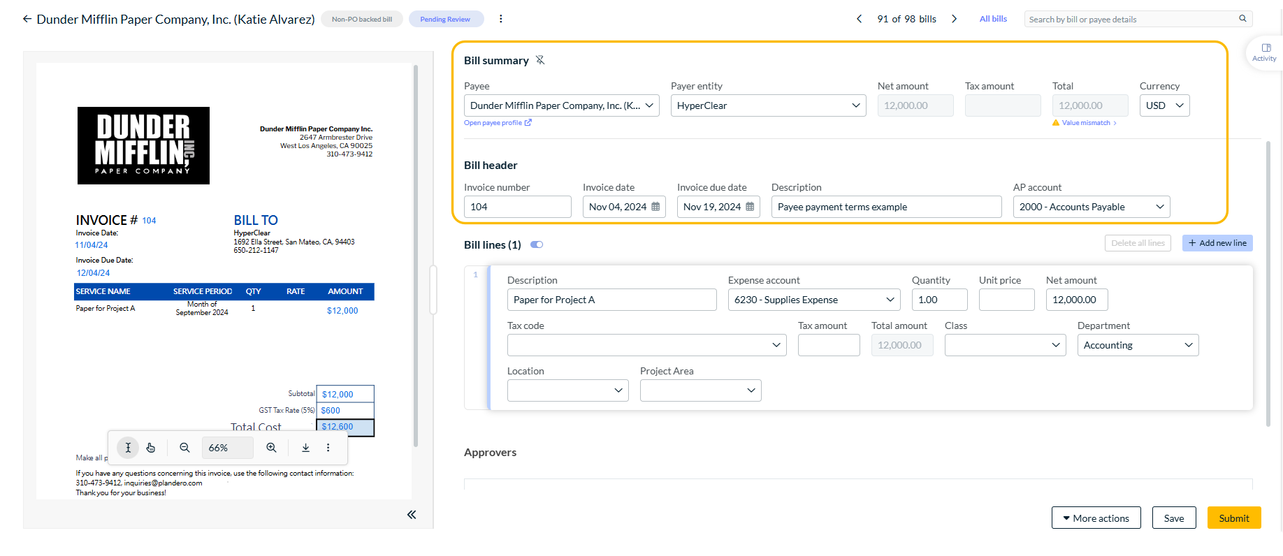 Bill header summary and details