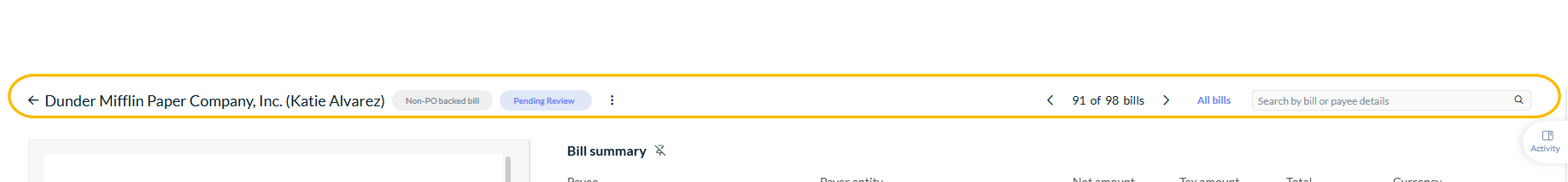The header has links to navigate between bills and back to All bills