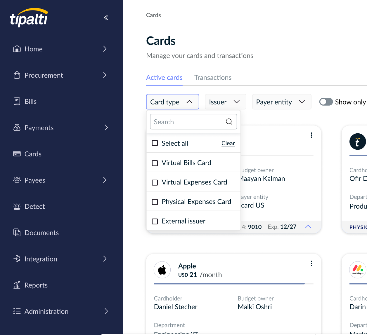 Card search filters