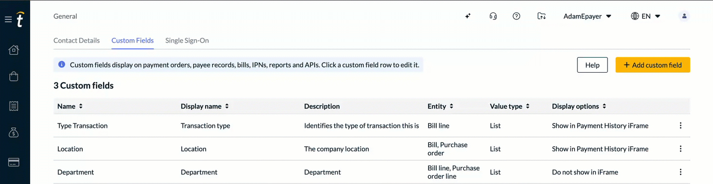 Click the row of the custom field and edit is the button at the top right of the custom field details.