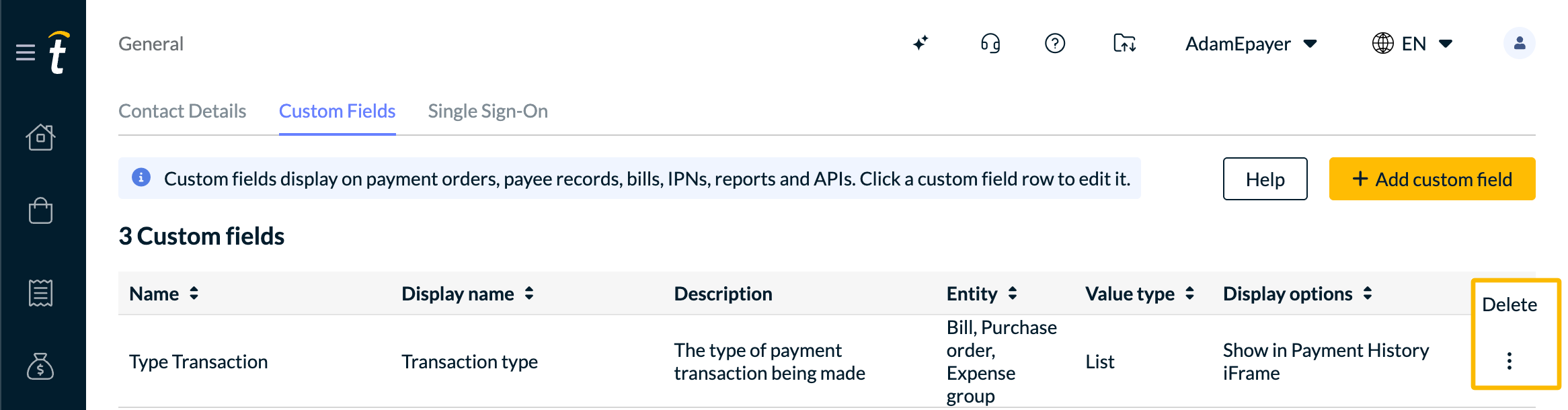 Delete option displays when you click the 3-dot menu on the right of the row listing.