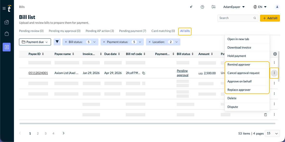 Bill is in Pending approval status and the 3-dot menu is on the right of the bill row.