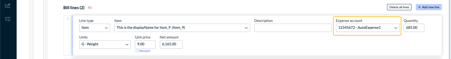 Expense account is a dropdown on the right with Quantity next to it.